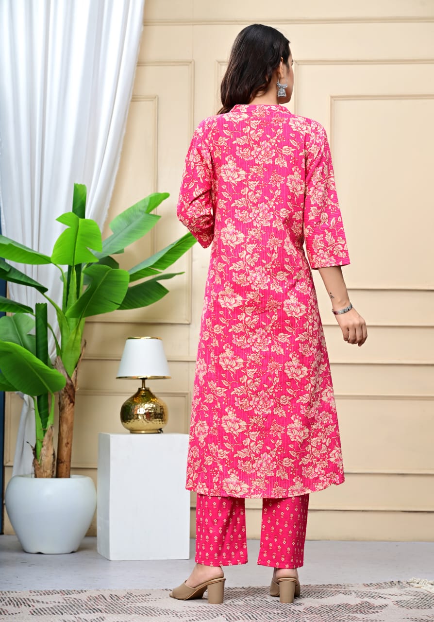 Women Pink Cotton Printed & Trim Work A-Line Kurta & Bottom Set