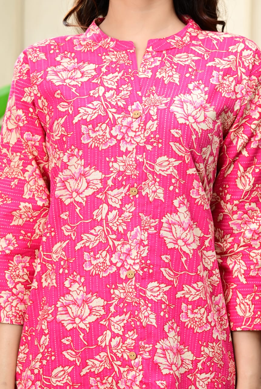 Women Pink Cotton Printed & Trim Work A-Line Kurta & Bottom Set