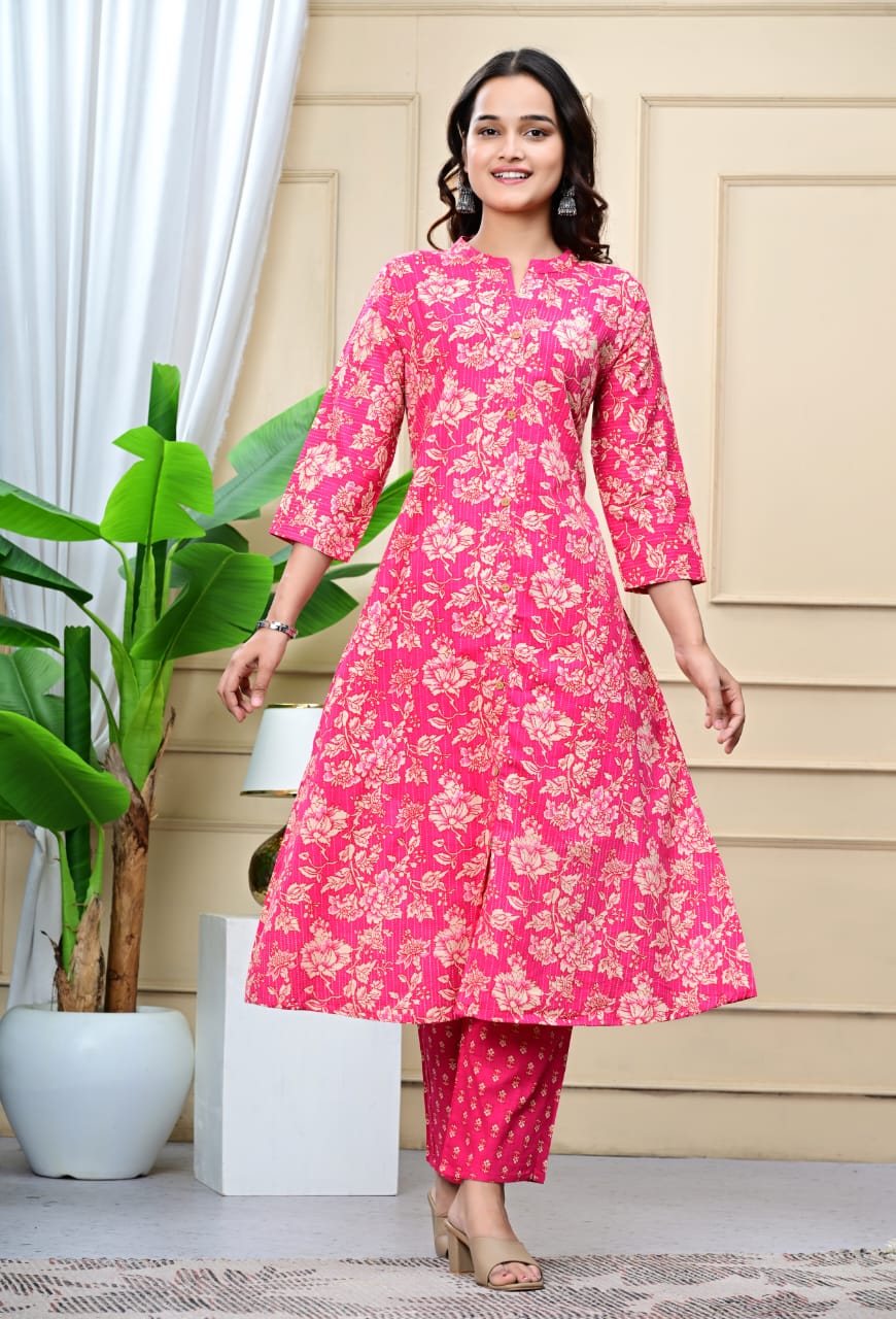 Women Pink Cotton Printed & Trim Work A-Line Kurta & Bottom Set