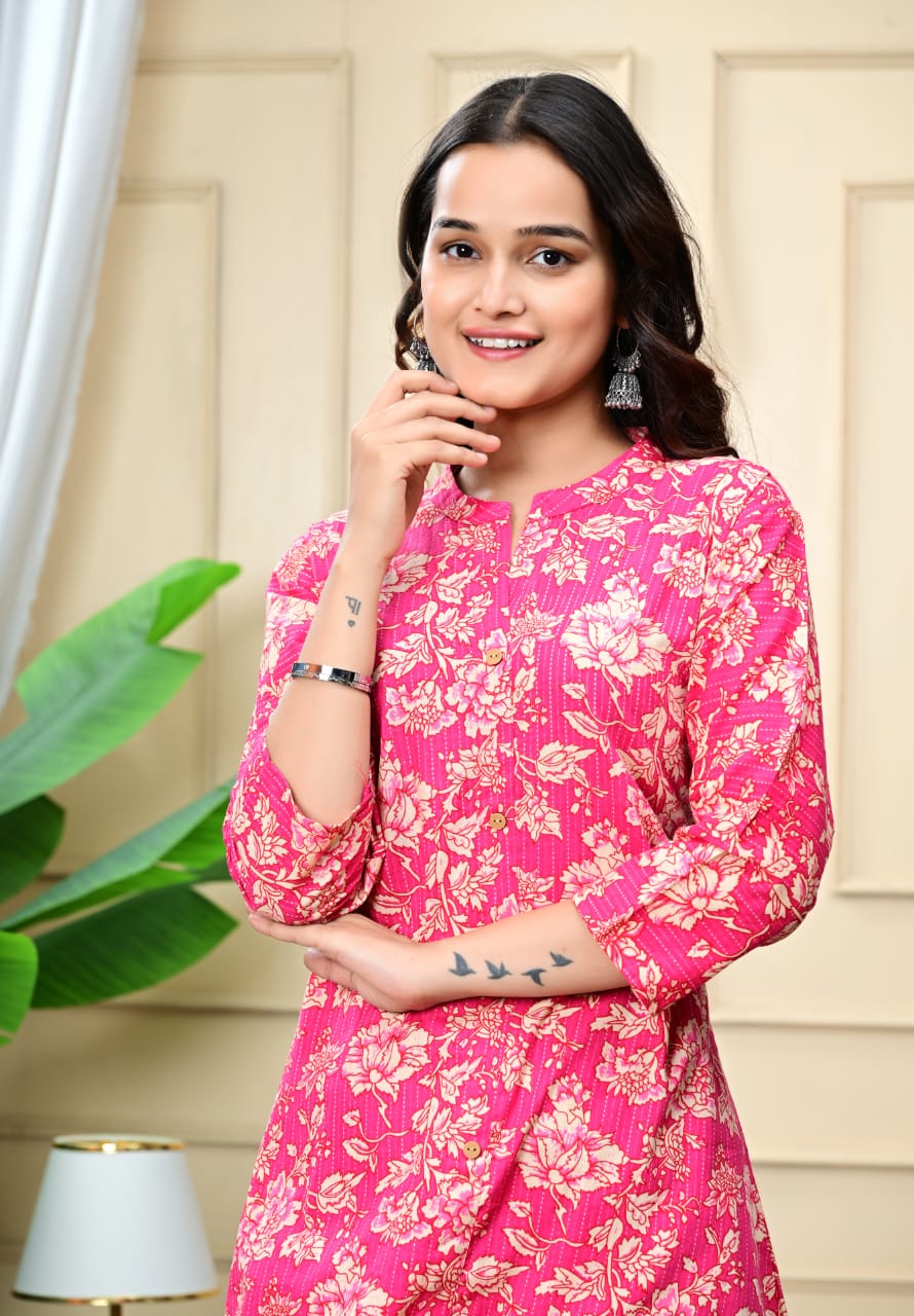 Women Pink Cotton Printed & Trim Work A-Line Kurta & Bottom Set