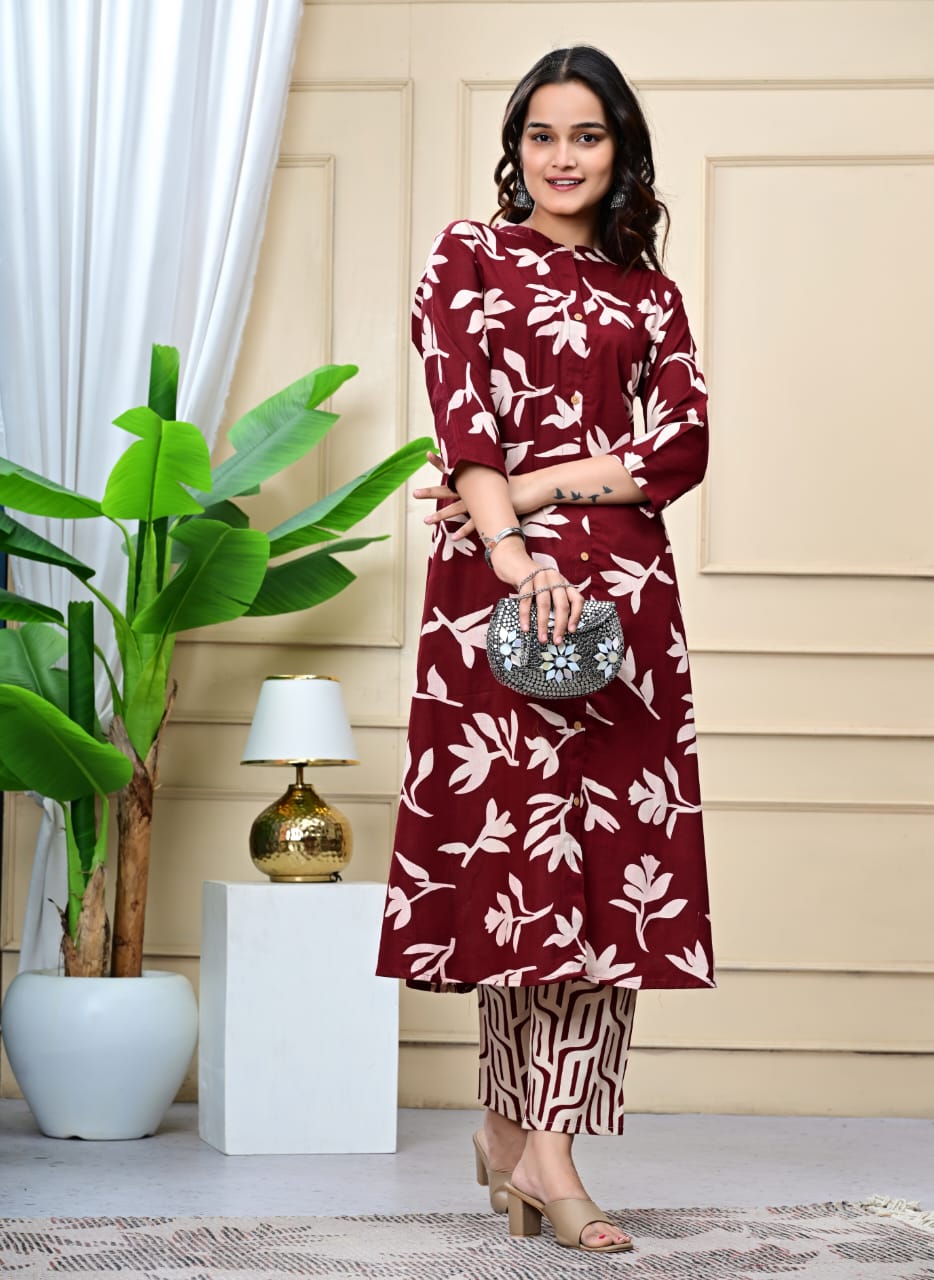 Women Mahroon Cotton Printed & Trim Work A-Line Kurta & Bottom Set