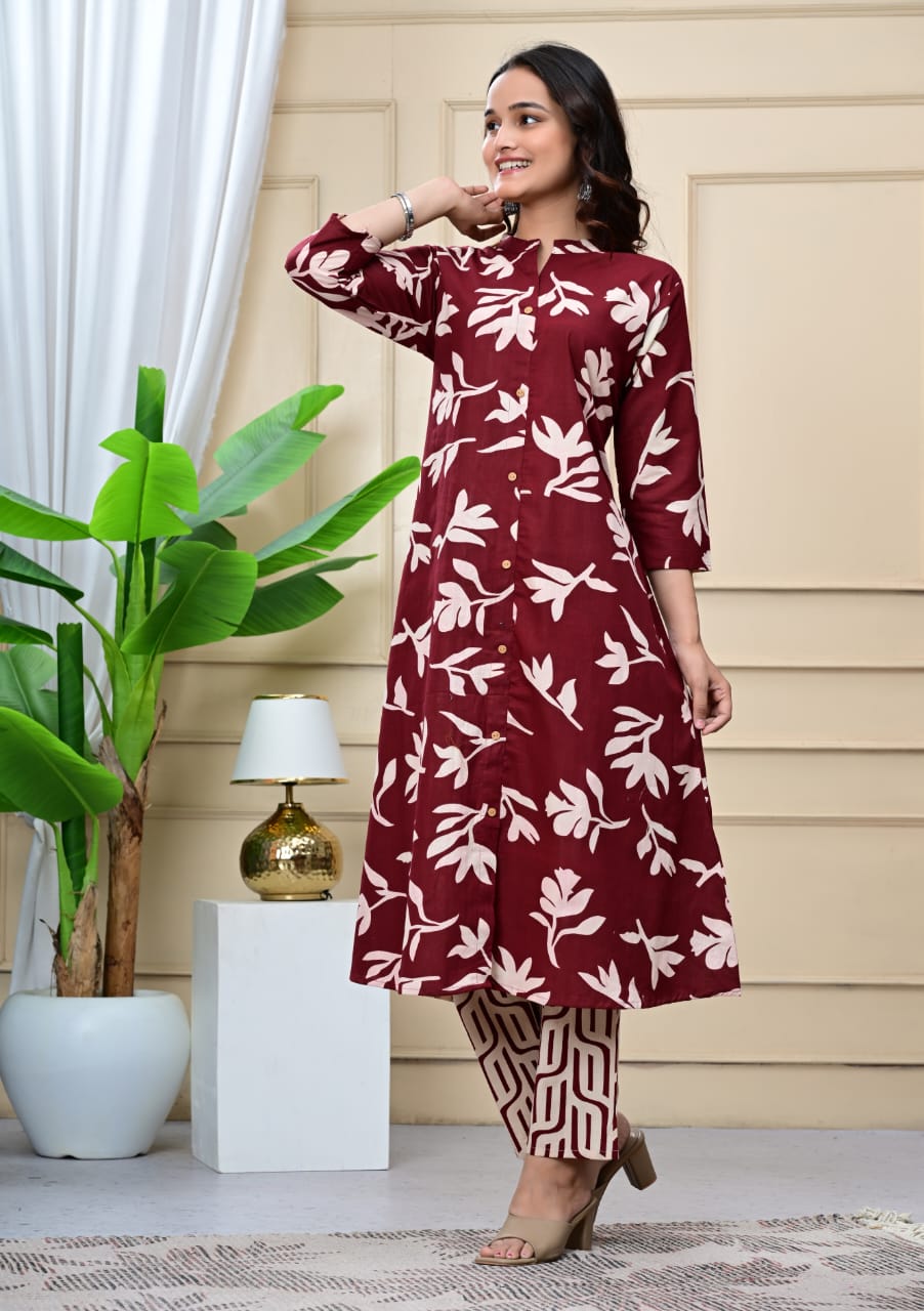 Women Mahroon Cotton Printed & Trim Work A-Line Kurta & Bottom Set