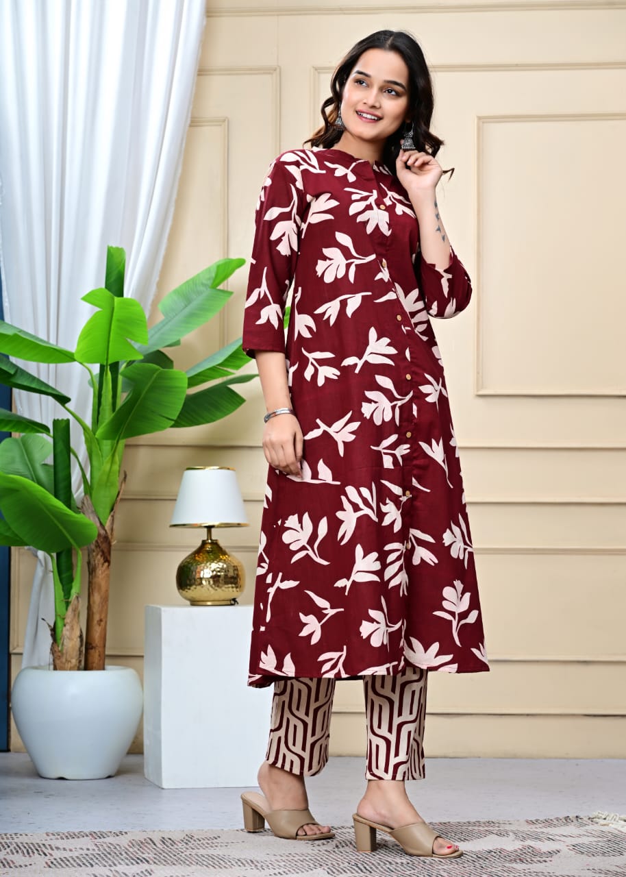 Women Mahroon Cotton Printed & Trim Work A-Line Kurta & Bottom Set