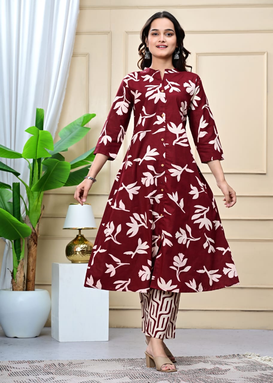 Women Mahroon Cotton Printed & Trim Work A-Line Kurta & Bottom Set