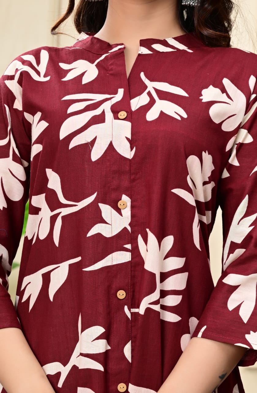 Women Mahroon Cotton Printed & Trim Work A-Line Kurta & Bottom Set