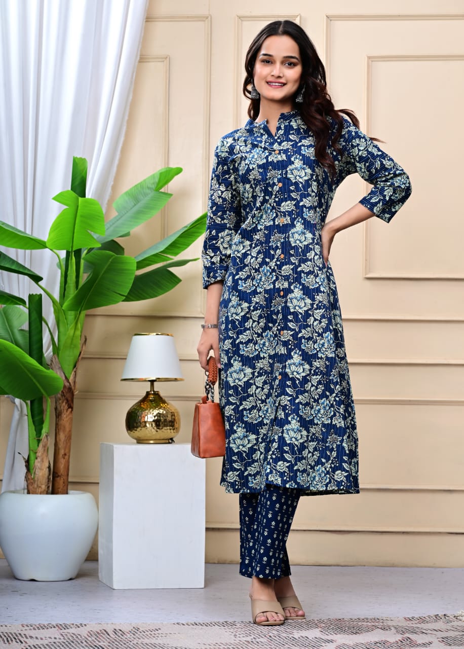 Women Navy Blue Cotton Printed & Trim Work A-Line Kurta & Bottom Set