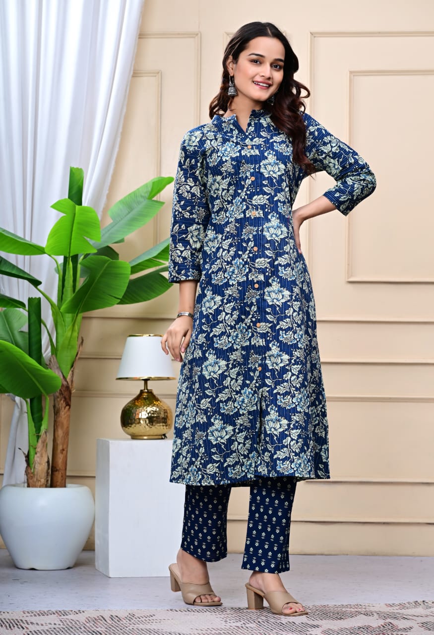 Women Navy Blue Cotton Printed & Trim Work A-Line Kurta & Bottom Set