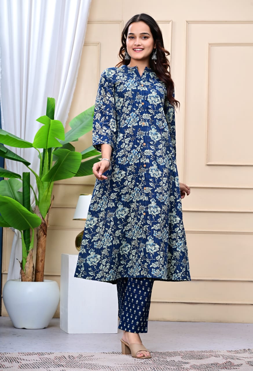 Women Navy Blue Cotton Printed & Trim Work A-Line Kurta & Bottom Set