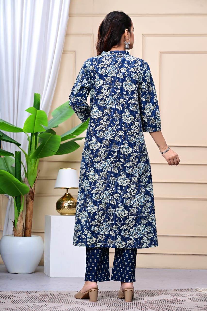Women Navy Blue Cotton Printed & Trim Work A-Line Kurta & Bottom Set