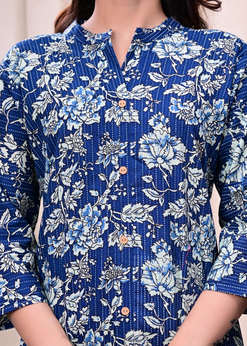 Women Navy Blue Cotton Printed & Trim Work A-Line Kurta & Bottom Set