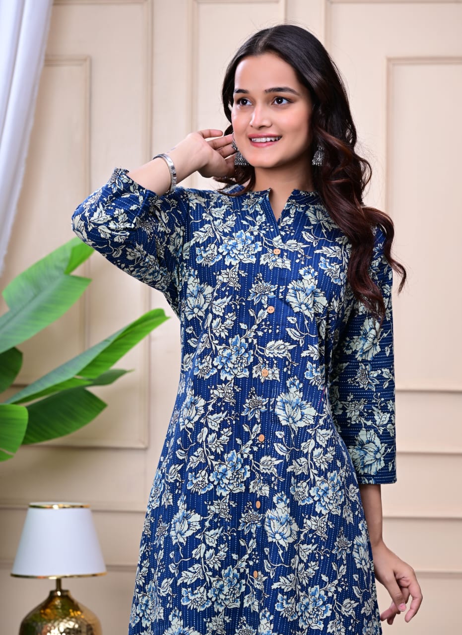 Women Navy Blue Cotton Printed & Trim Work A-Line Kurta & Bottom Set