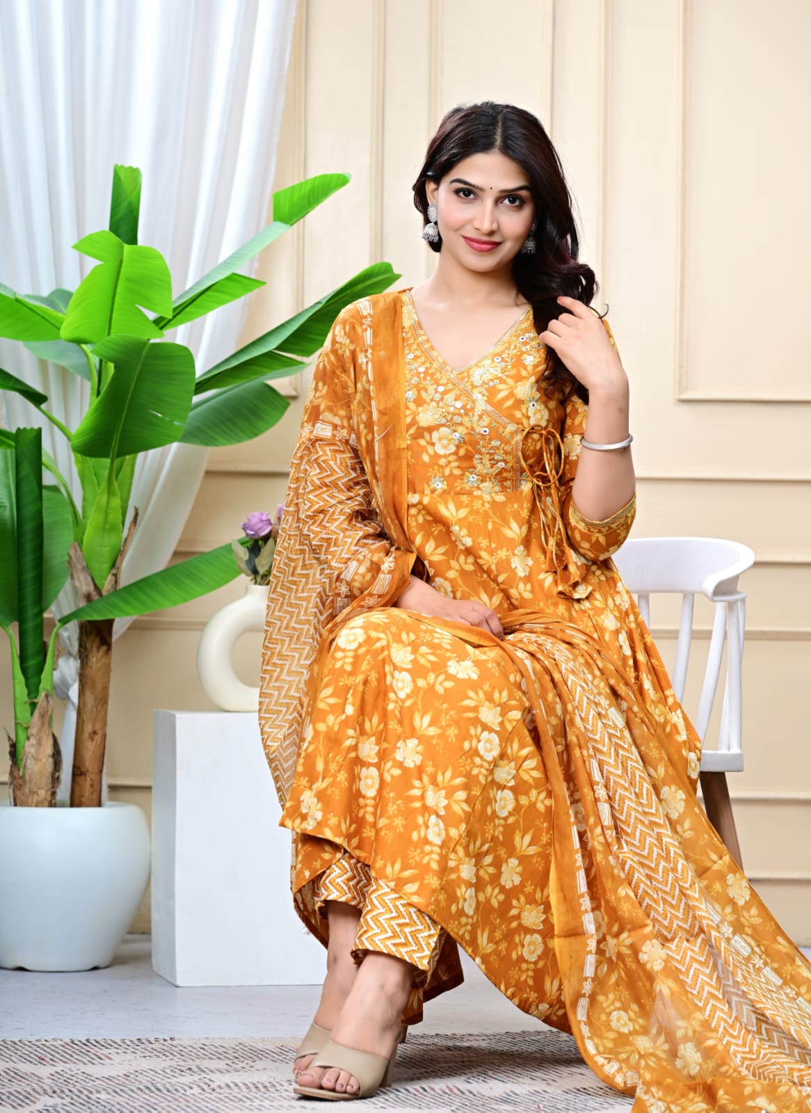 Women Mustard Cotton Printed & Embroidered Work Angrakha Kurta Bottom Dupatta Set