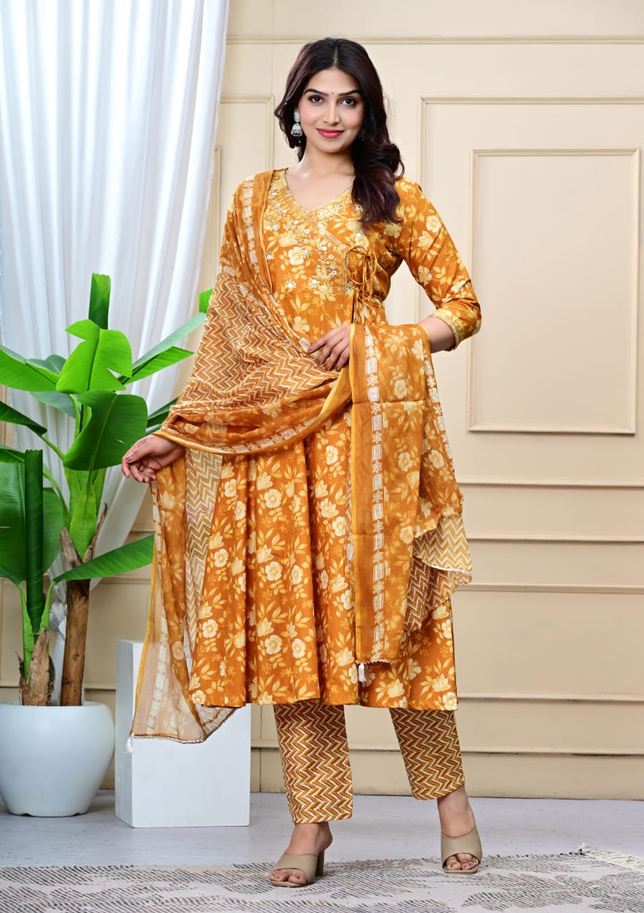 Women Mustard Cotton Printed & Embroidered Work Angrakha Kurta Bottom Dupatta Set