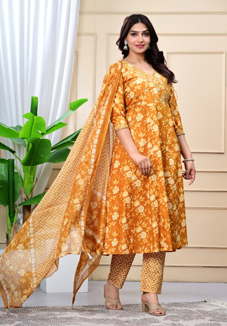 Women Mustard Cotton Printed & Embroidered Work Angrakha Kurta Bottom Dupatta Set
