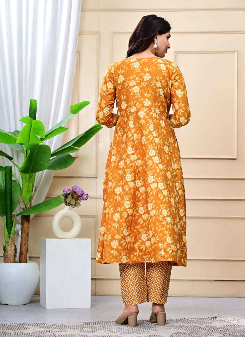 Women Mustard Cotton Printed & Embroidered Work Angrakha Kurta Bottom Dupatta Set
