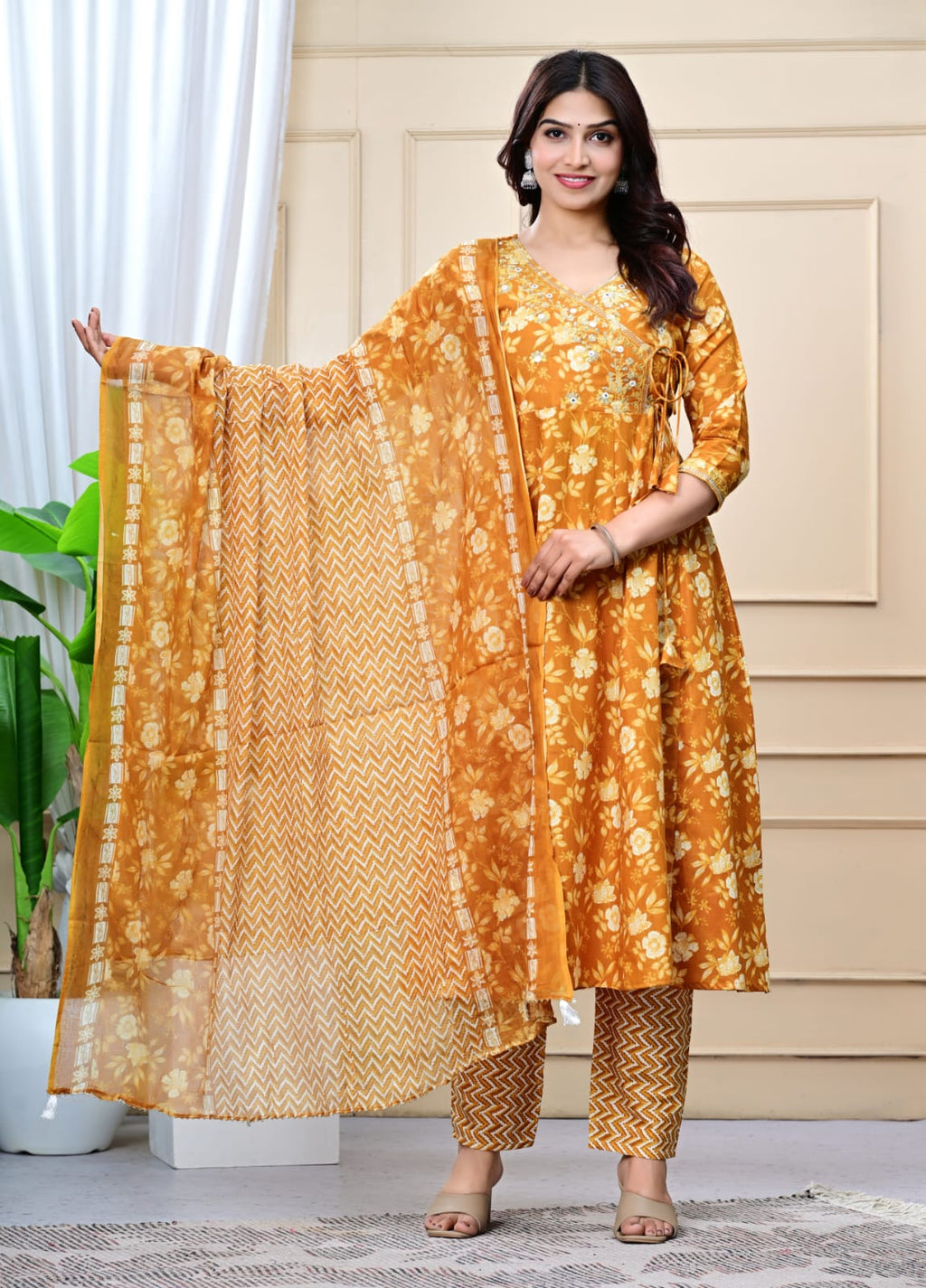 Women Mustard Cotton Printed & Embroidered Work Angrakha Kurta Bottom Dupatta Set