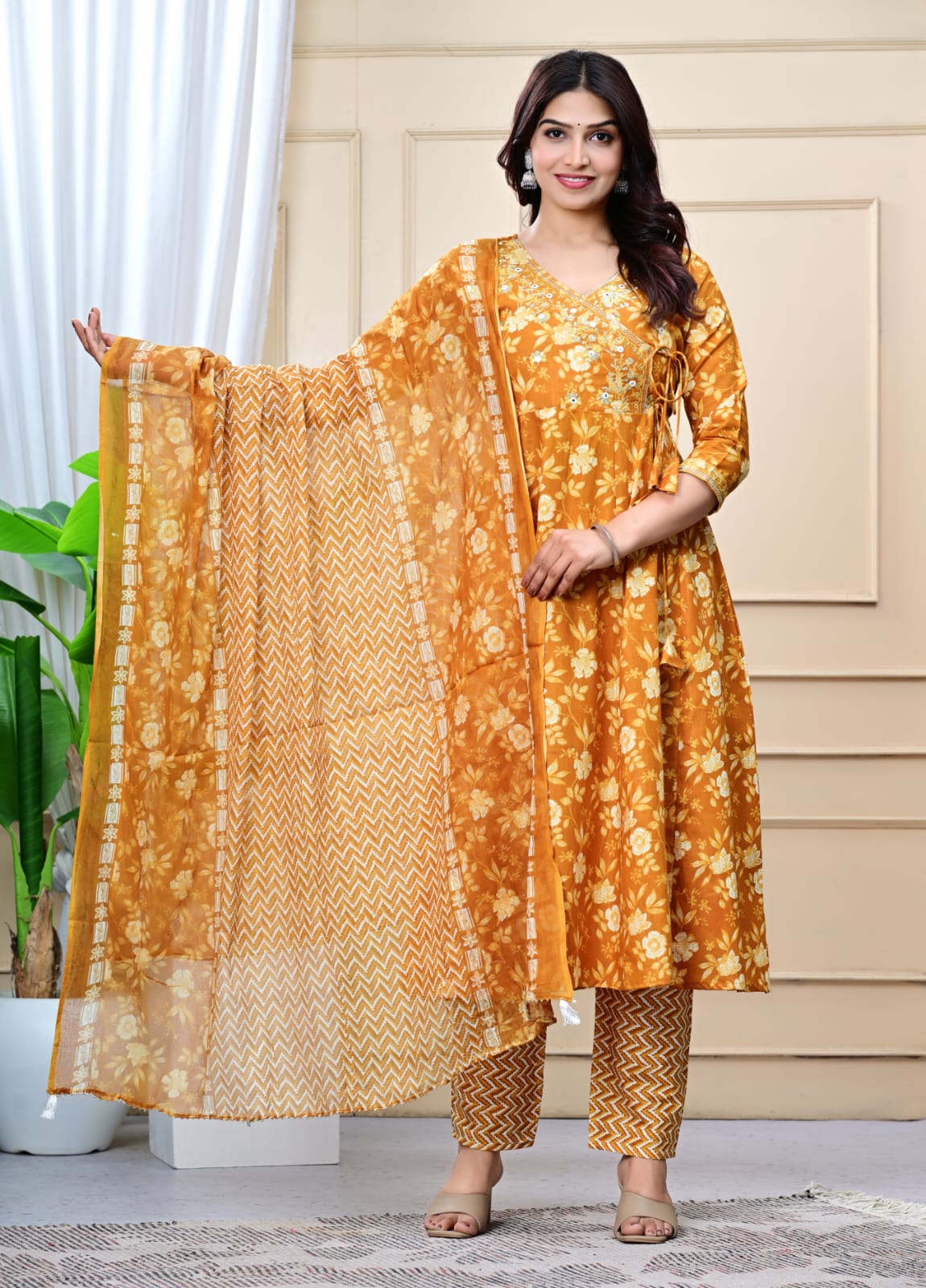 Women Mustard Cotton Printed & Embroidered Work Angrakha Kurta Bottom Dupatta Set