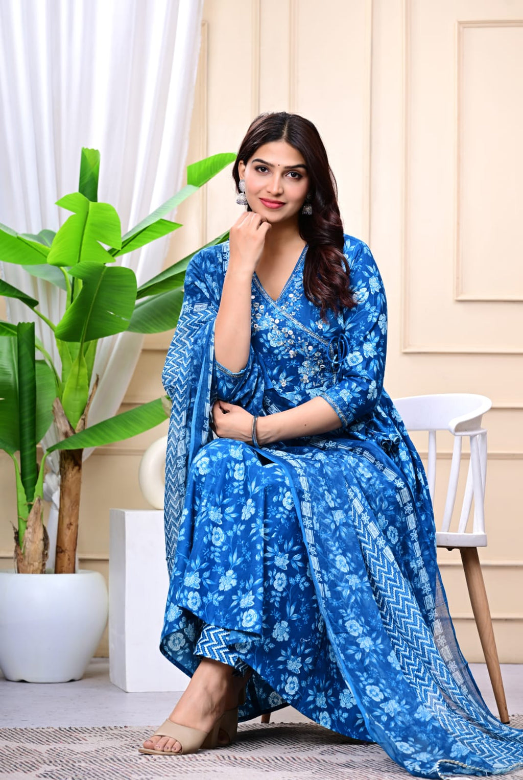 Women Blue Cotton Printed & Embroidered Work Angrakha Kurta Bottom Dupatta Set
