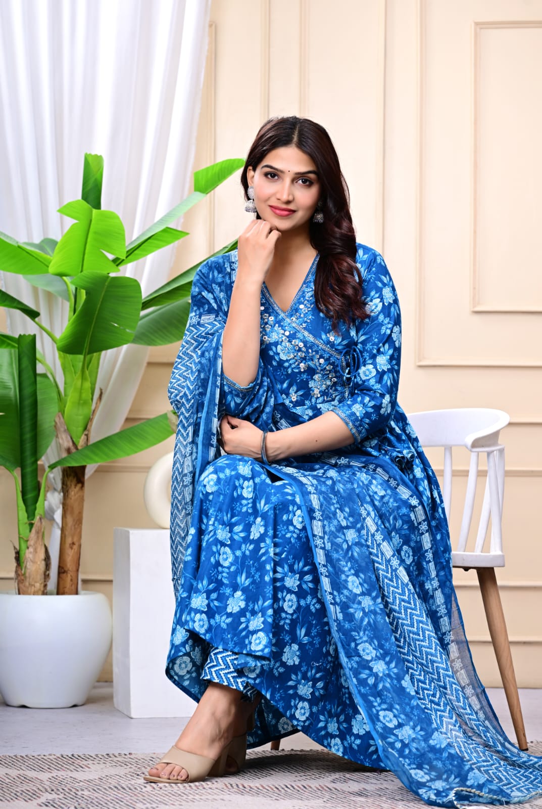 Women Blue Cotton Printed & Embroidered Work Angrakha Kurta Bottom Dupatta Set
