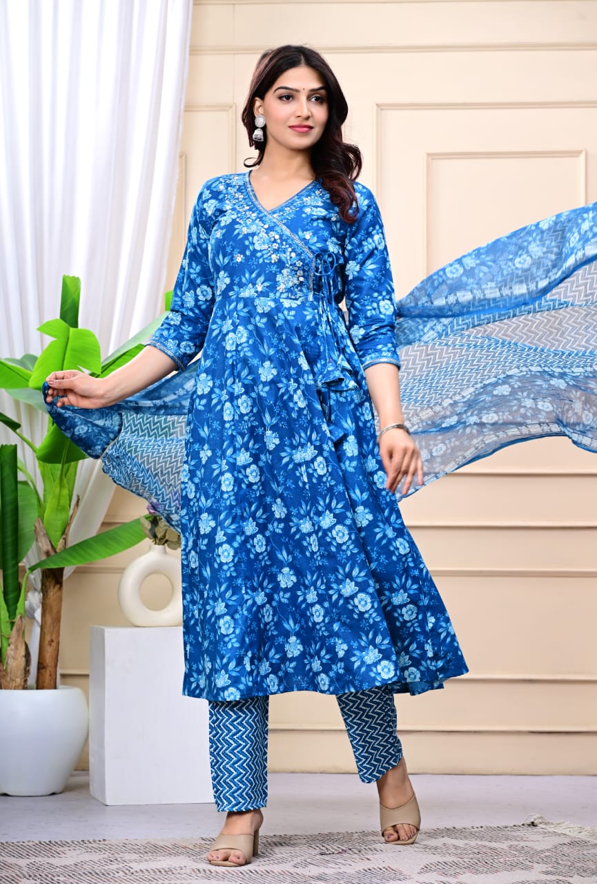 Women Blue Cotton Printed & Embroidered Work Angrakha Kurta Bottom Dupatta Set