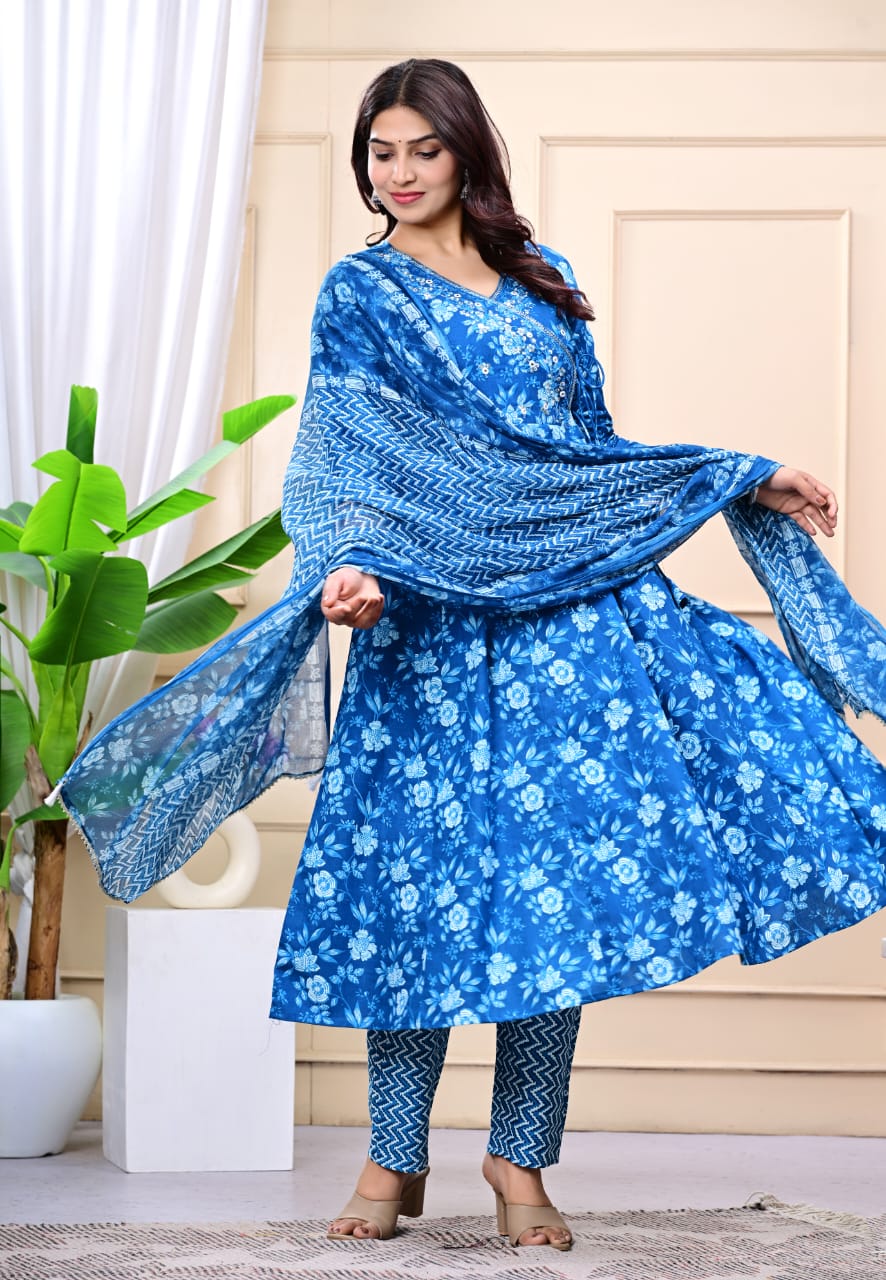 Women Blue Cotton Printed & Embroidered Work Angrakha Kurta Bottom Dupatta Set