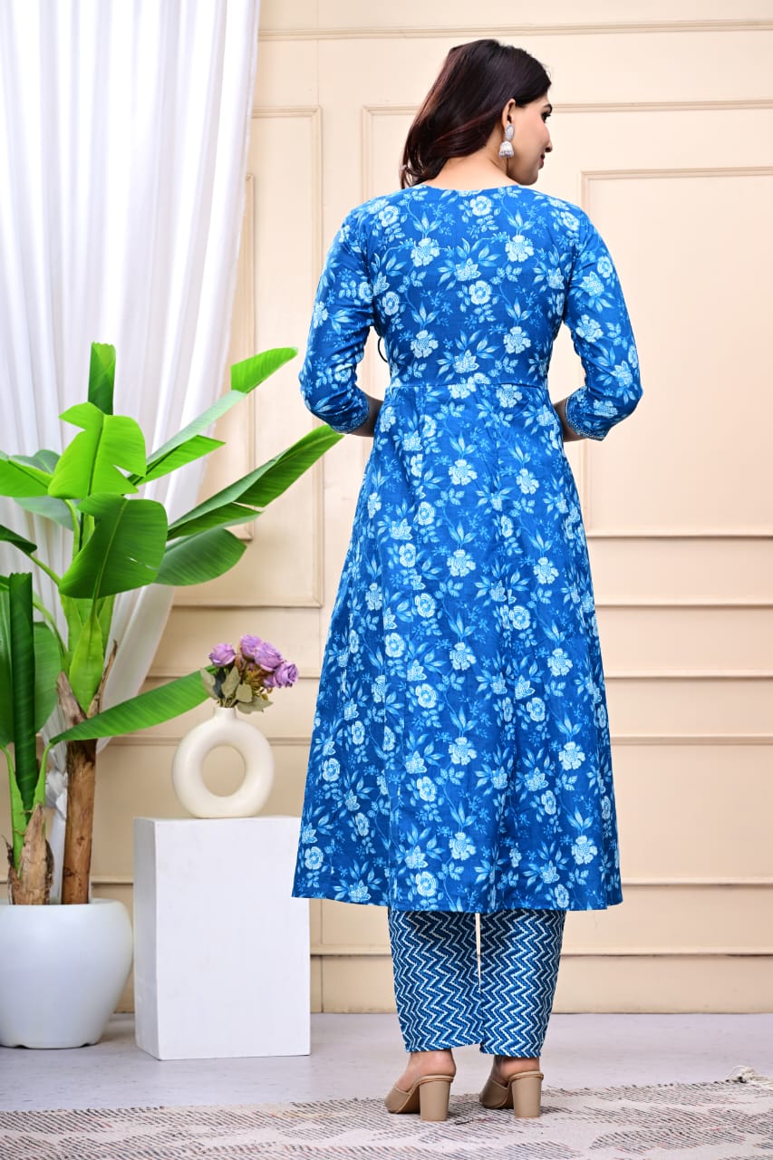 Women Blue Cotton Printed & Embroidered Work Angrakha Kurta Bottom Dupatta Set