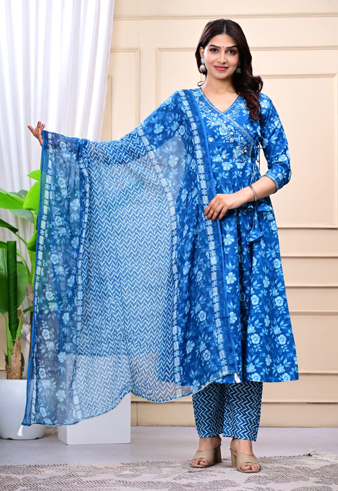 Women Blue Cotton Printed & Embroidered Work Angrakha Kurta Bottom Dupatta Set