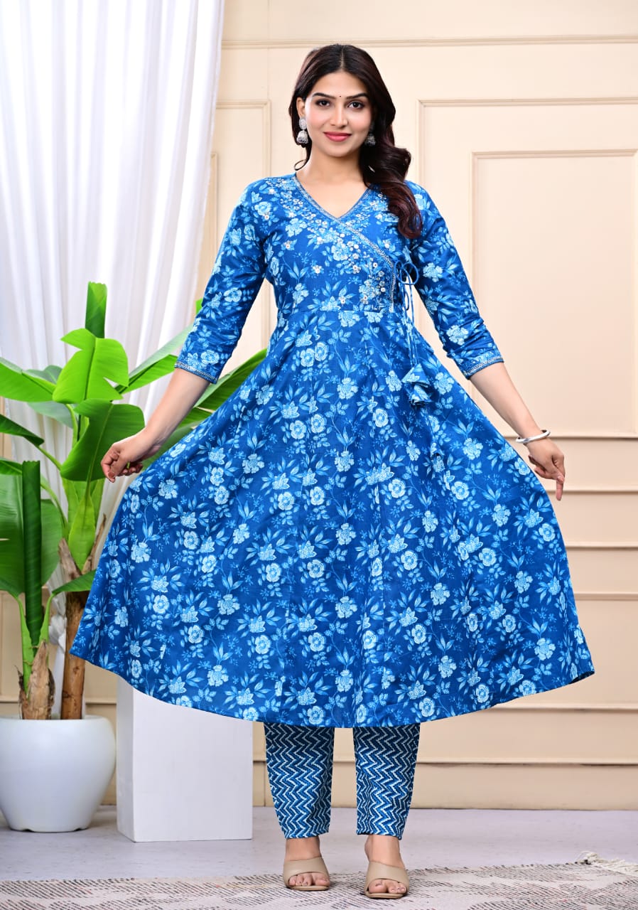 Women Blue Cotton Printed & Embroidered Work Angrakha Kurta Bottom Dupatta Set