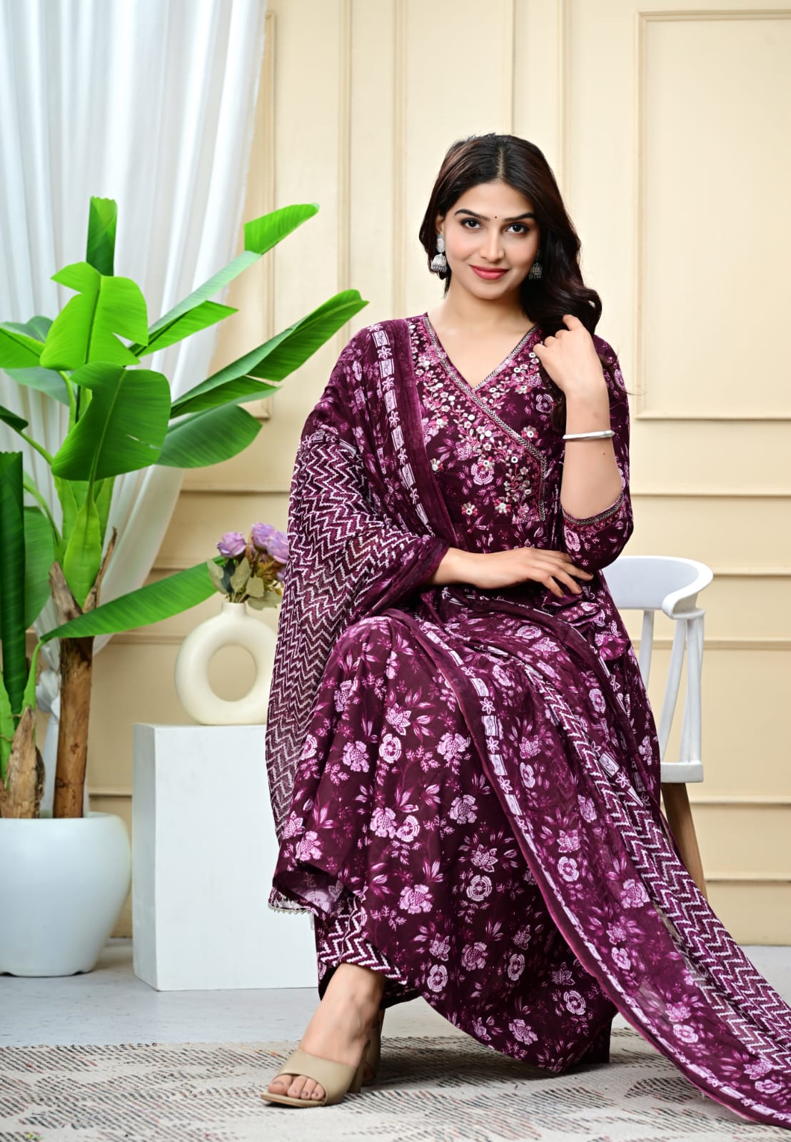 Women Purple Cotton Printed & Embroidered Work Angrakha Kurta Bottom Dupatta Set