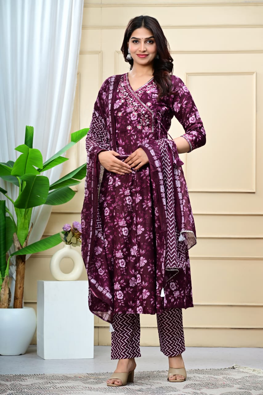 Women Purple Cotton Printed & Embroidered Work Angrakha Kurta Bottom Dupatta Set
