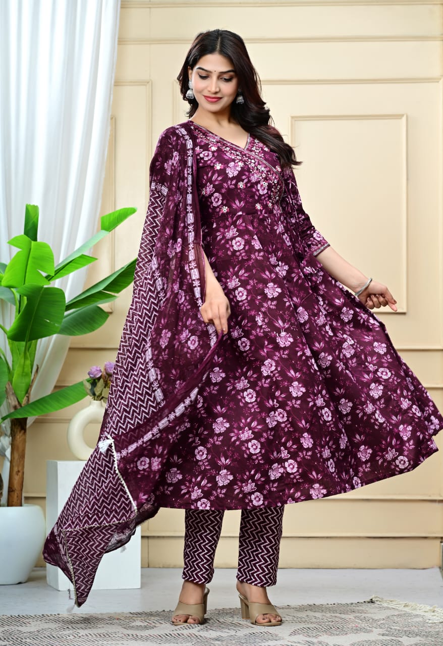 Women Purple Cotton Printed & Embroidered Work Angrakha Kurta Bottom Dupatta Set