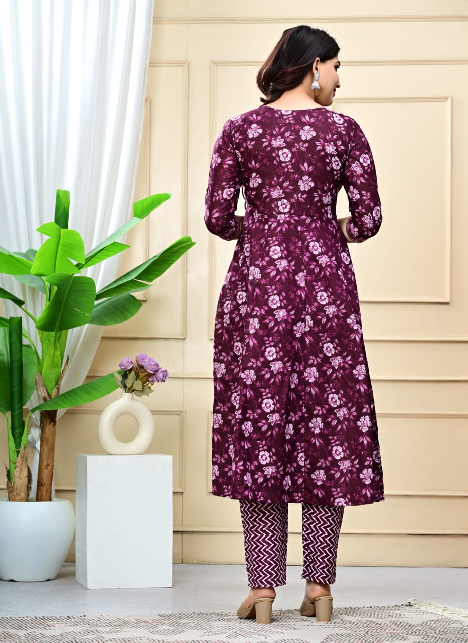 Women Purple Cotton Printed & Embroidered Work Angrakha Kurta Bottom Dupatta Set