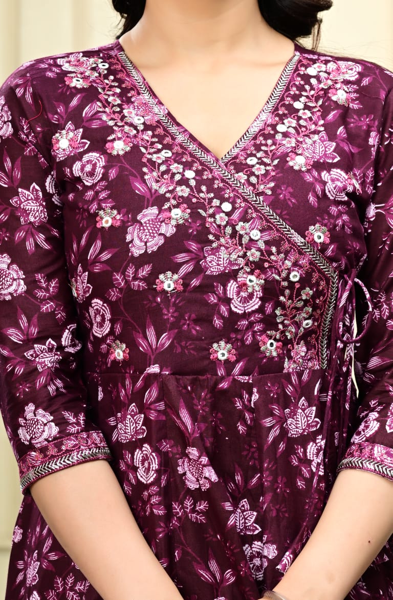 Women Purple Cotton Printed & Embroidered Work Angrakha Kurta Bottom Dupatta Set