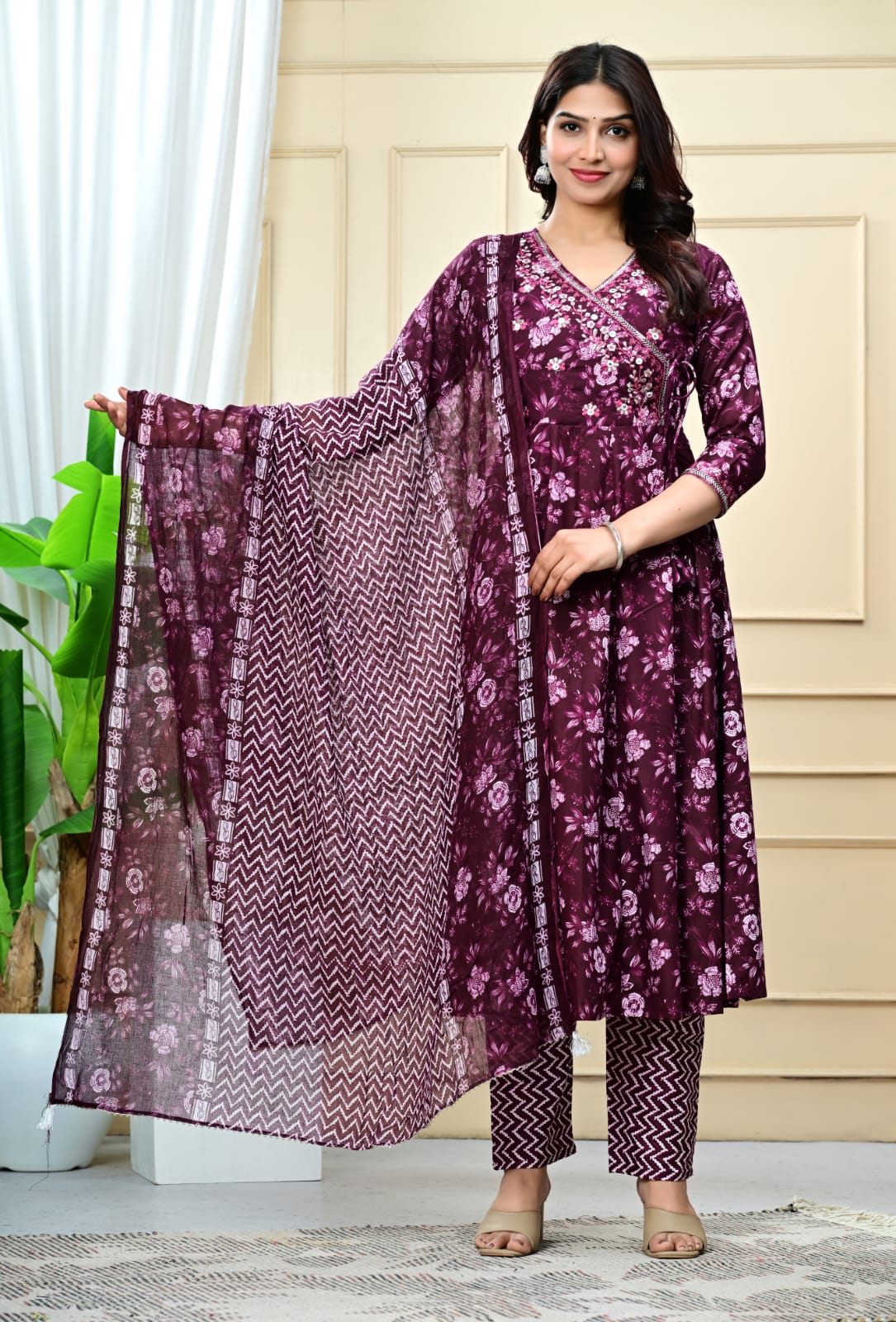 Women Purple Cotton Printed & Embroidered Work Angrakha Kurta Bottom Dupatta Set