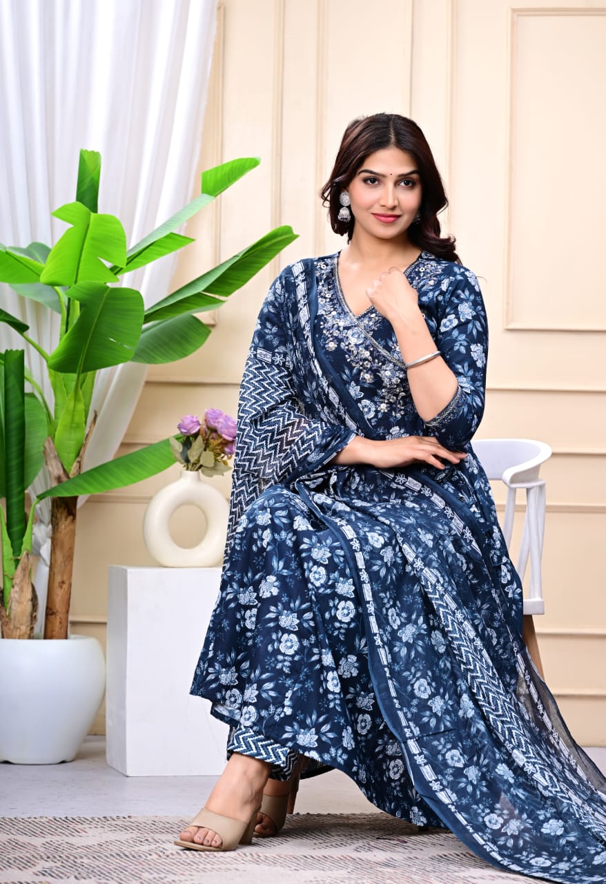 Women Navy Blue Cotton Printed & Embroidered Work Angrakha Kurta Bottom Dupatta Set