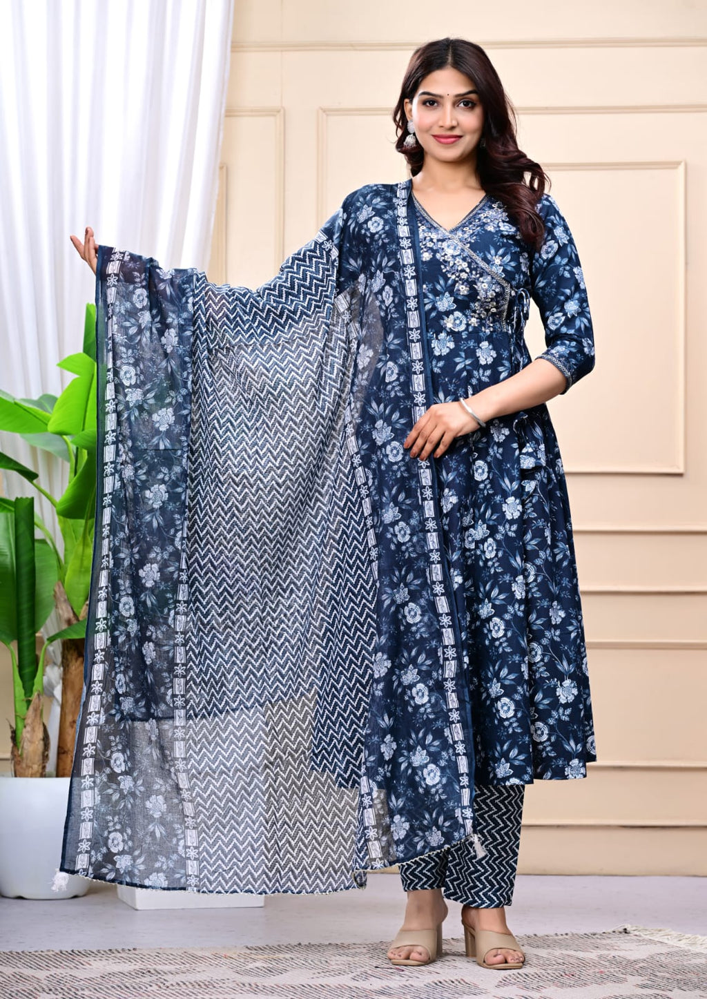 Women Navy Blue Cotton Printed & Embroidered Work Angrakha Kurta Bottom Dupatta Set