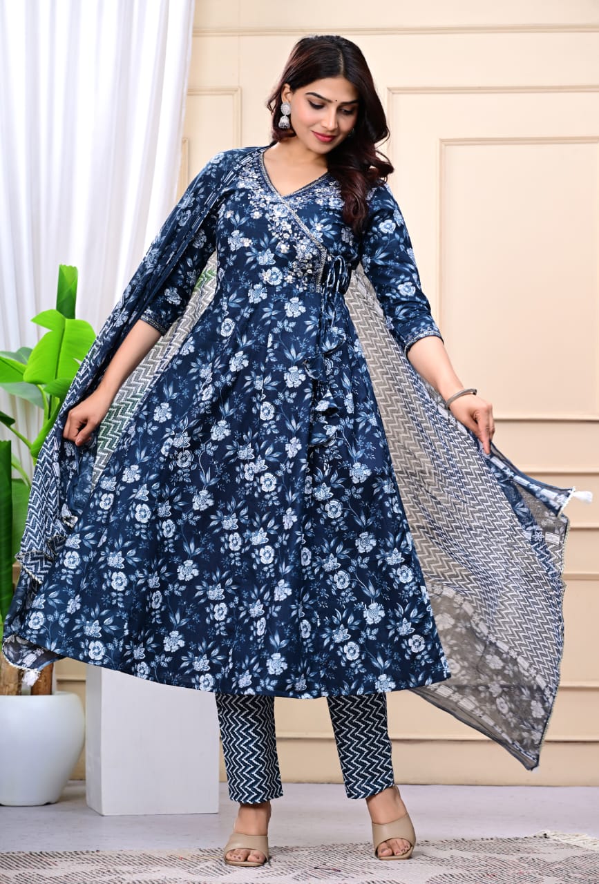 Women Navy Blue Cotton Printed & Embroidered Work Angrakha Kurta Bottom Dupatta Set