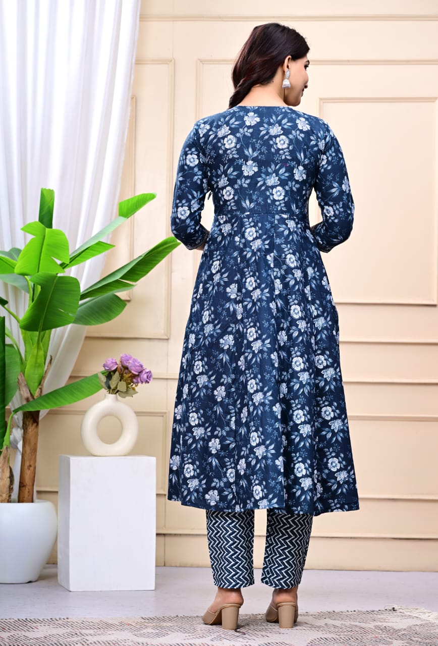 Women Navy Blue Cotton Printed & Embroidered Work Angrakha Kurta Bottom Dupatta Set