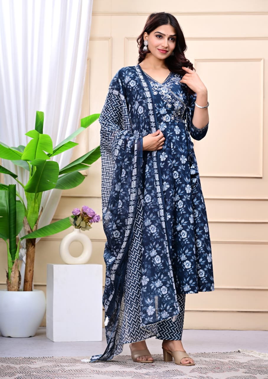 Women Navy Blue Cotton Printed & Embroidered Work Angrakha Kurta Bottom Dupatta Set