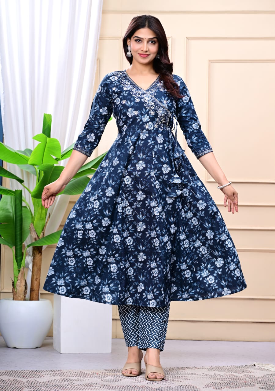 Women Navy Blue Cotton Printed & Embroidered Work Angrakha Kurta Bottom Dupatta Set