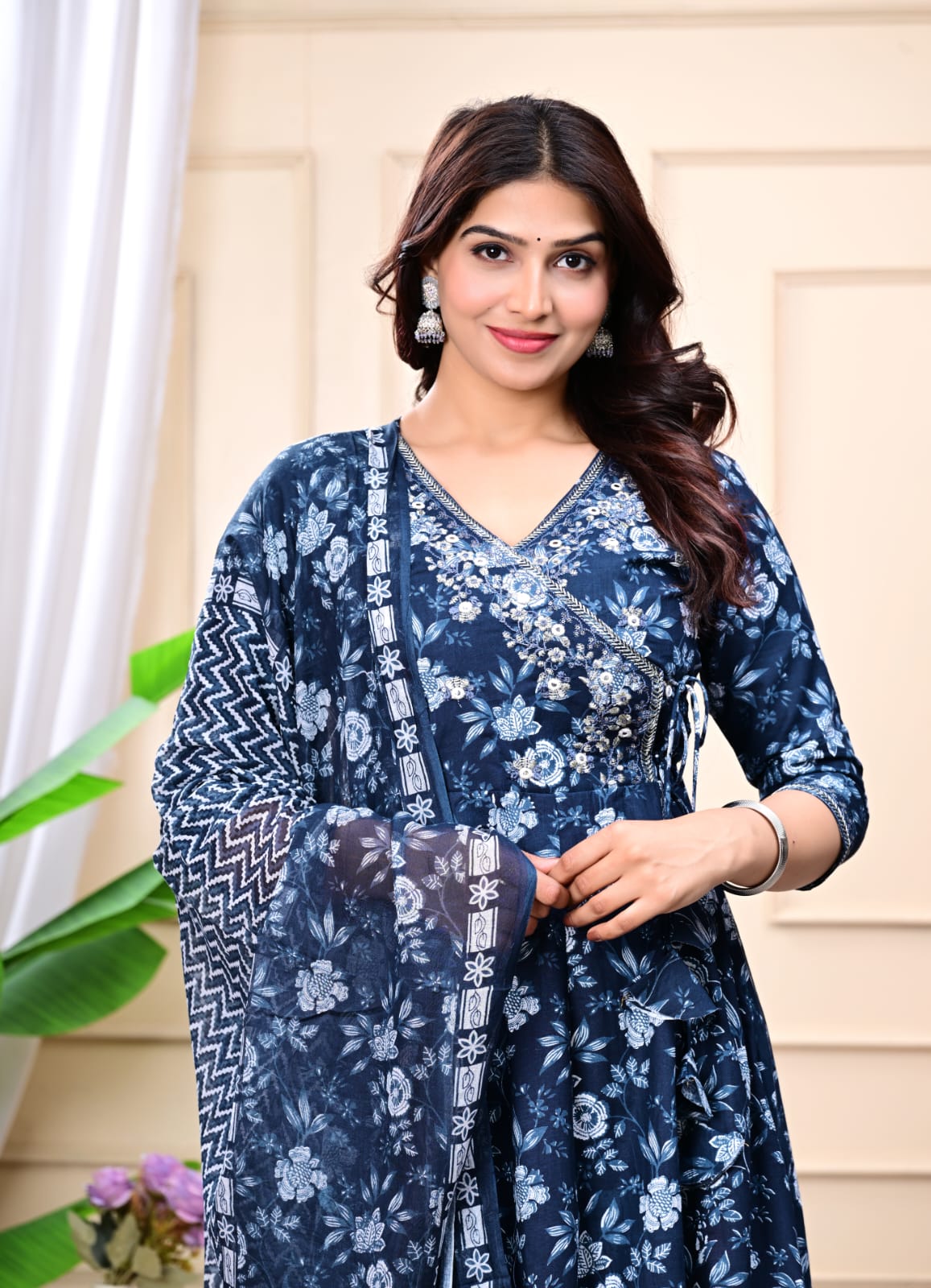 Women Navy Blue Cotton Printed & Embroidered Work Angrakha Kurta Bottom Dupatta Set