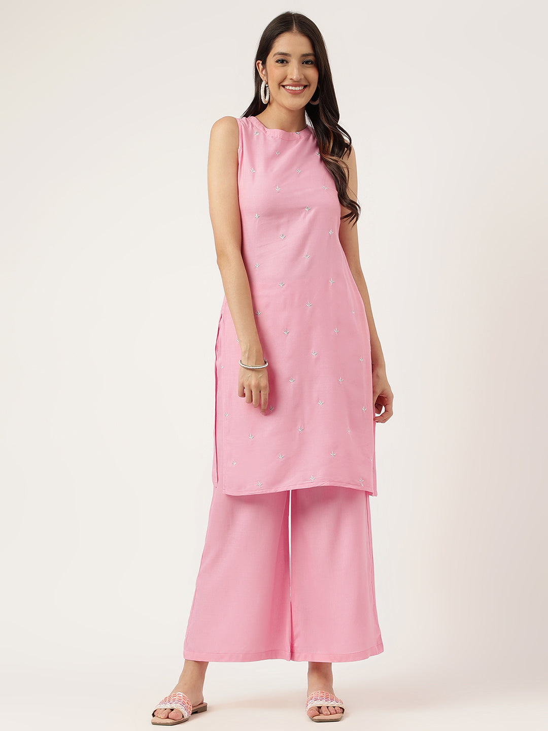 Women Pink Rayon & Embroidered Work Straight Kurta Bottom Set