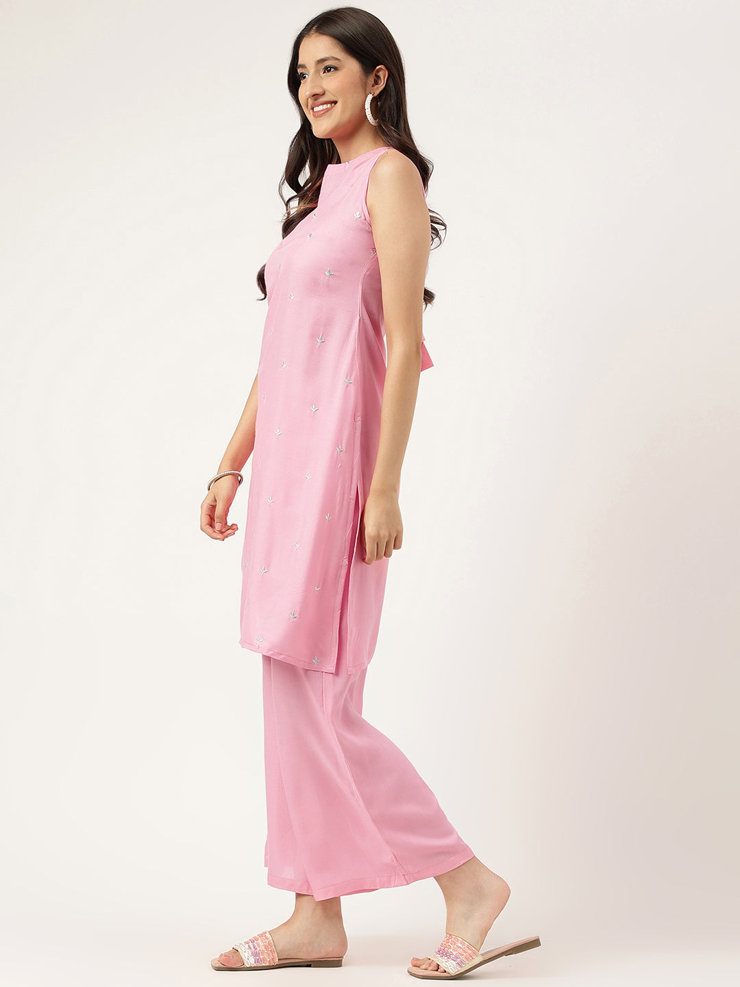 Women Pink Rayon & Embroidered Work Straight Kurta Bottom Set