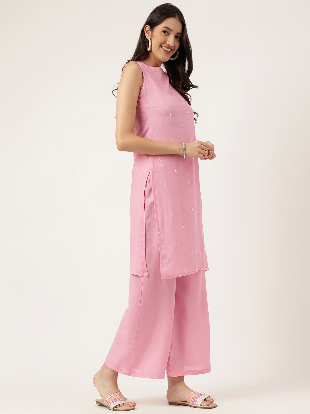 Women Pink Rayon & Embroidered Work Straight Kurta Bottom Set