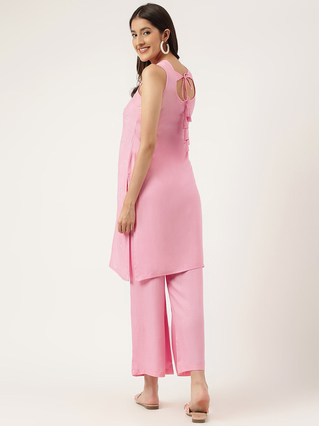 Women Pink Rayon & Embroidered Work Straight Kurta Bottom Set