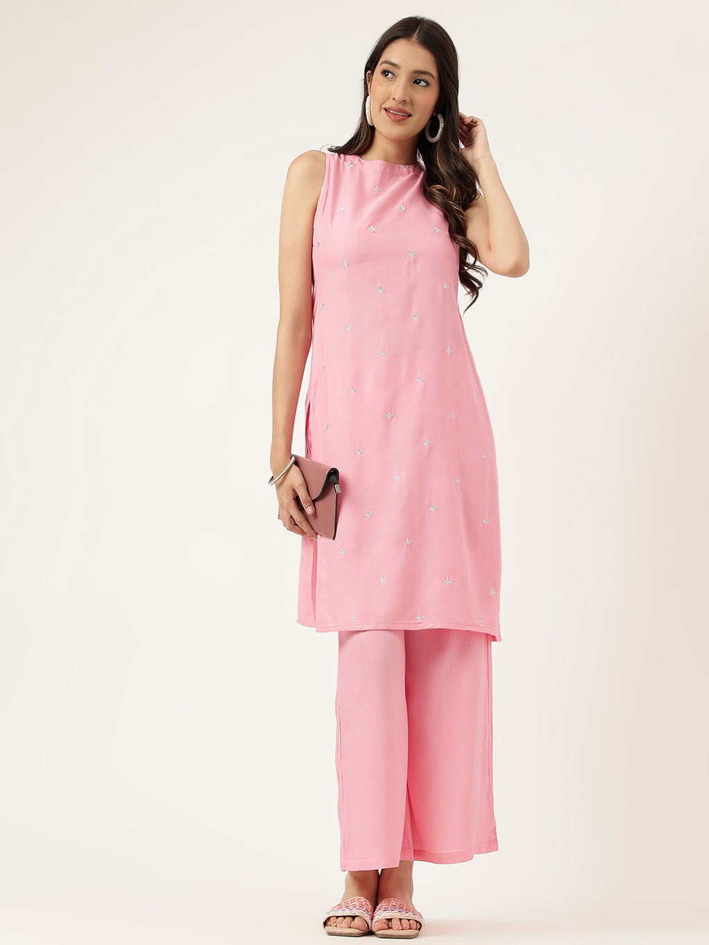 Women Pink Rayon & Embroidered Work Straight Kurta Bottom Set