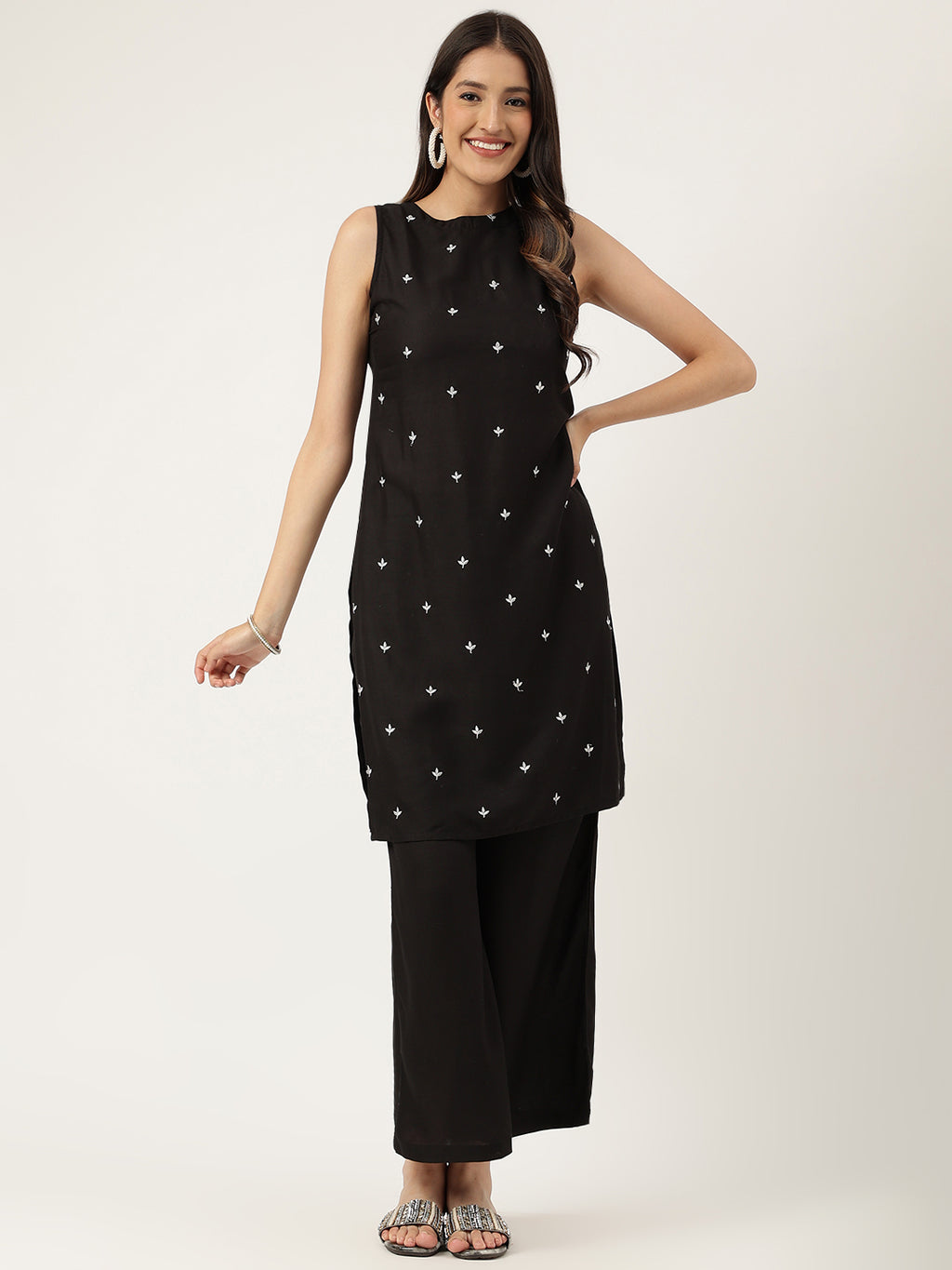 Women Black Rayon & Embroidered Work Straight Kurta Bottom Set