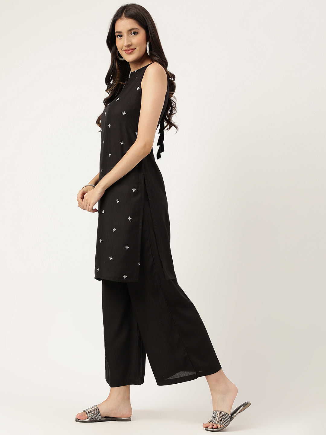 Women Black Rayon & Embroidered Work Straight Kurta Bottom Set