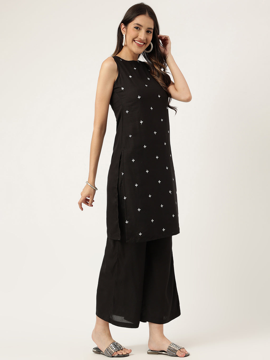 Women Black Rayon & Embroidered Work Straight Kurta Bottom Set