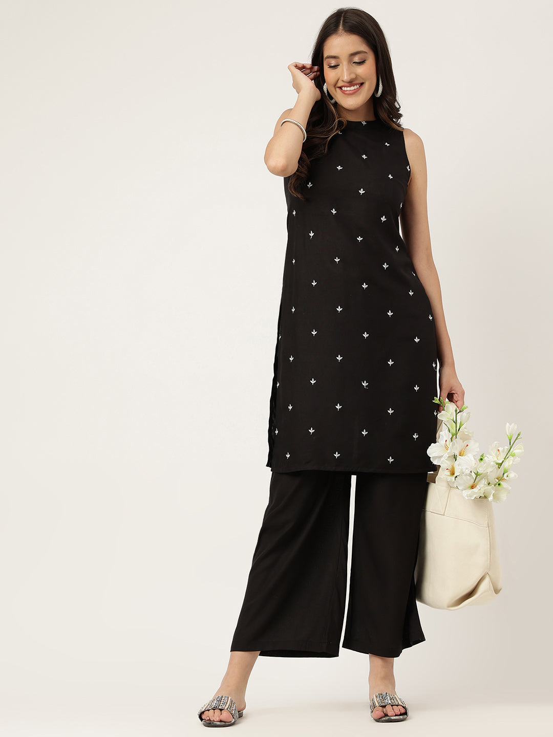 Women Black Rayon & Embroidered Work Straight Kurta Bottom Set